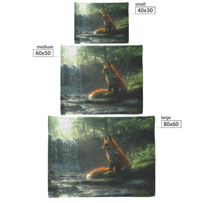 Graceful Fox Near Glowing Waterfall Peaceful Forest Lush Green Moss Fleece Sherpa Blanket - Awakening Righteousness
