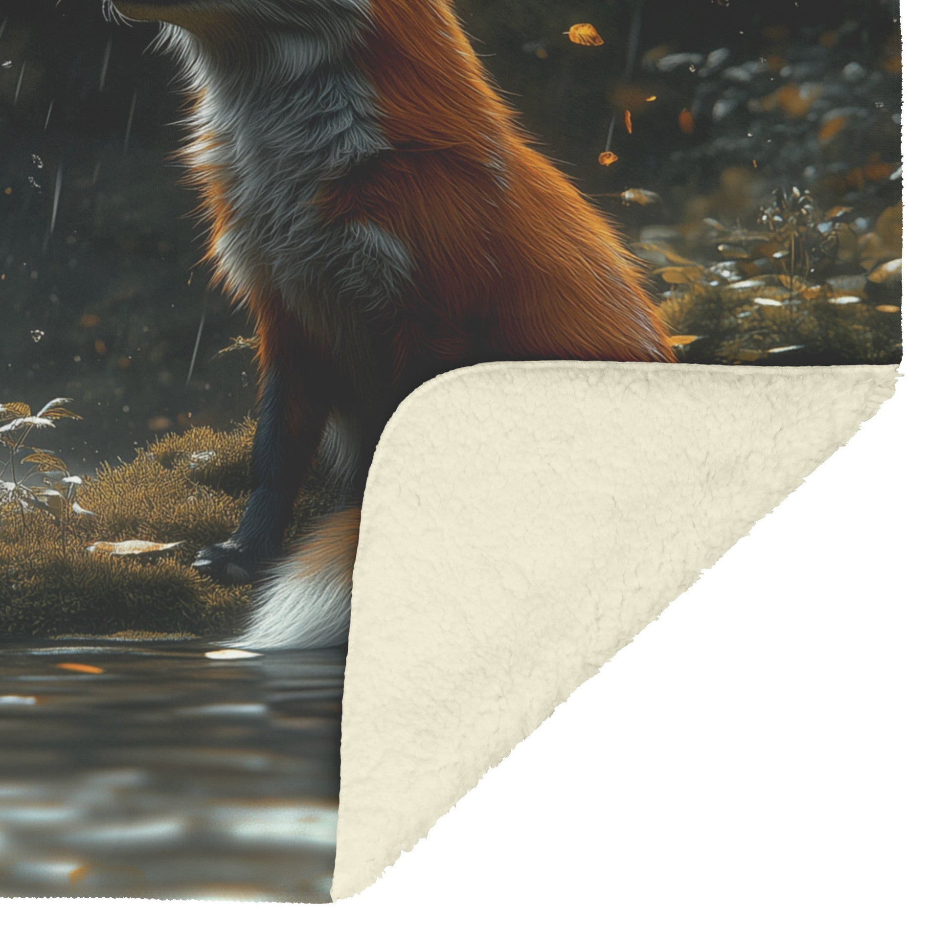 Graceful Fox Near Glowing Waterfall Peaceful Forest Lush Green Moss Fleece Sherpa Blanket - Awakening Righteousness