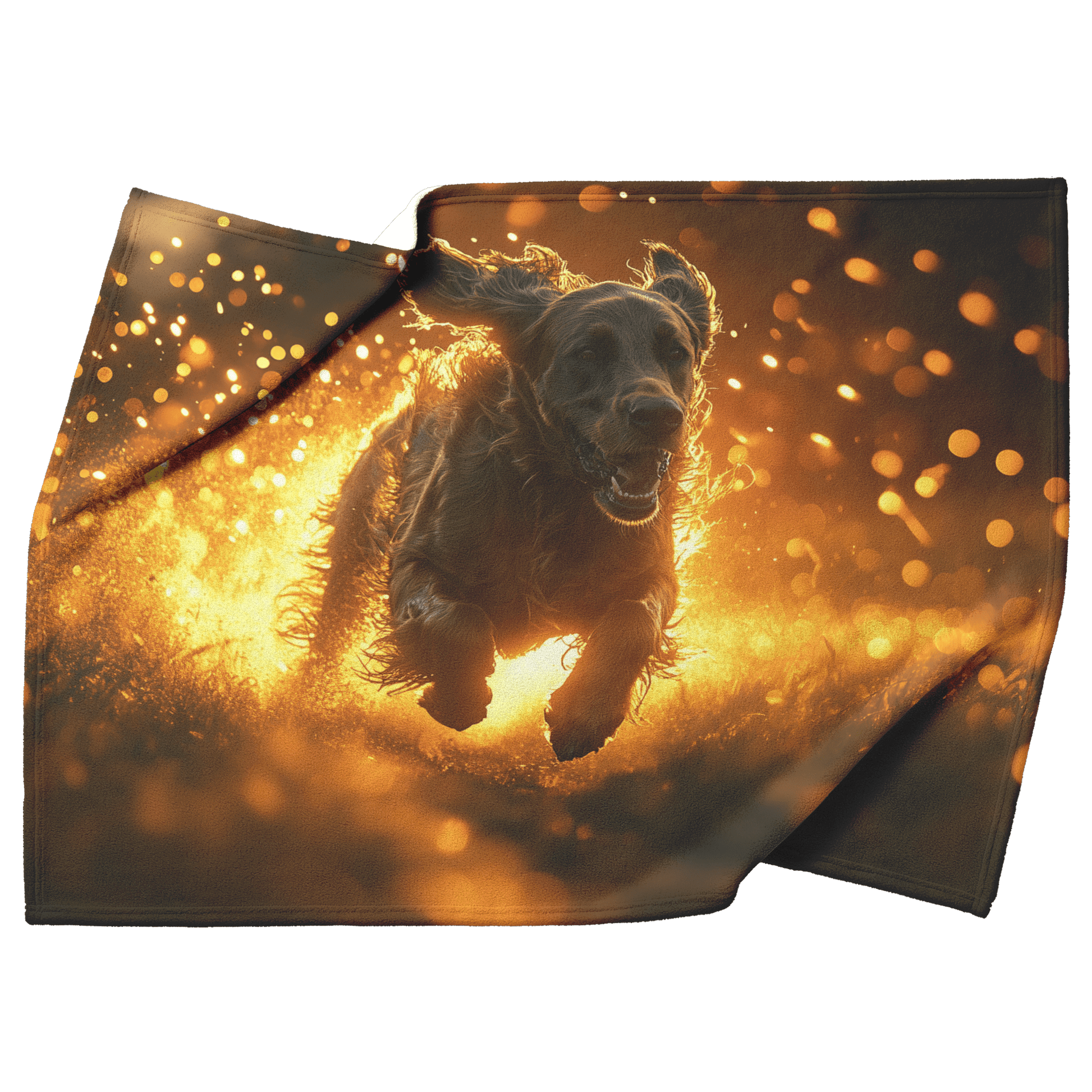 Great Dane in Mid Run Through Lush Green Field Surrounded by Shimmering Golden Textures and Glowing Light Trails Fleece Sherpa Blanket - Awakening Righteousness