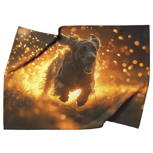 Great Dane in Mid Run Through Lush Green Field Surrounded by Shimmering Golden Textures and Glowing Light Trails Fleece Sherpa Blanket - Awakening Righteousness