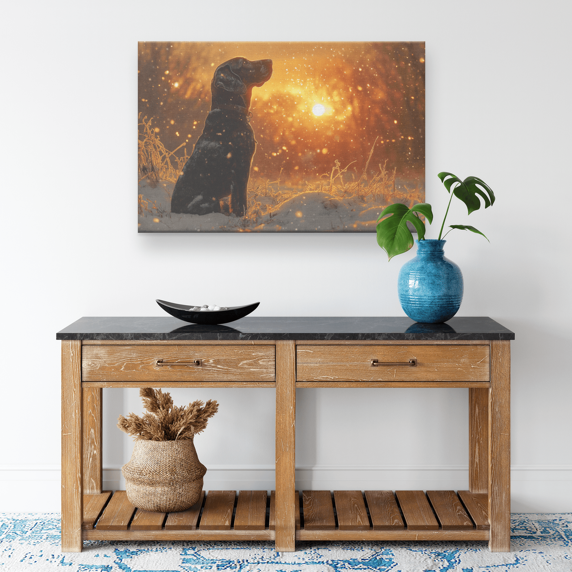 Great Dane In Snowy Forest Surrounded By Shimmering Textures And Radiant Golden Highlights Canvas Wall Art Decor - Awakening Righteousness