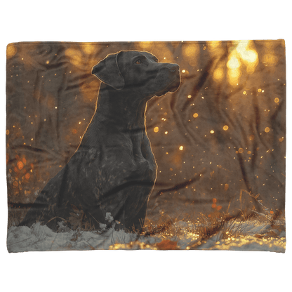 Great Dane in Snowy Forest Surrounded by Shimmering Textures and Radiant Golden Highlights Fleece Sherpa Blanket - Awakening Righteousness