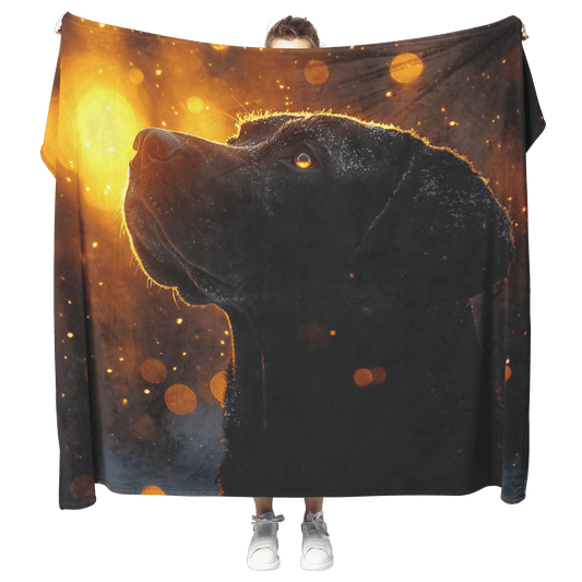 Great Dane in Snowy Forest Surrounded by Shimmering Textures and Radiant Golden Highlights Fleece Sherpa Blanket - Awakening Righteousness