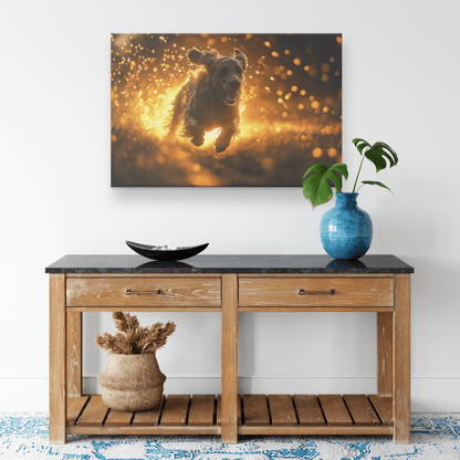 Great Dane Running Through Lush Green Field With Shimmering Golden Textures And Glowing Light Trails Canvas Wall Art Decor - Awakening Righteousness