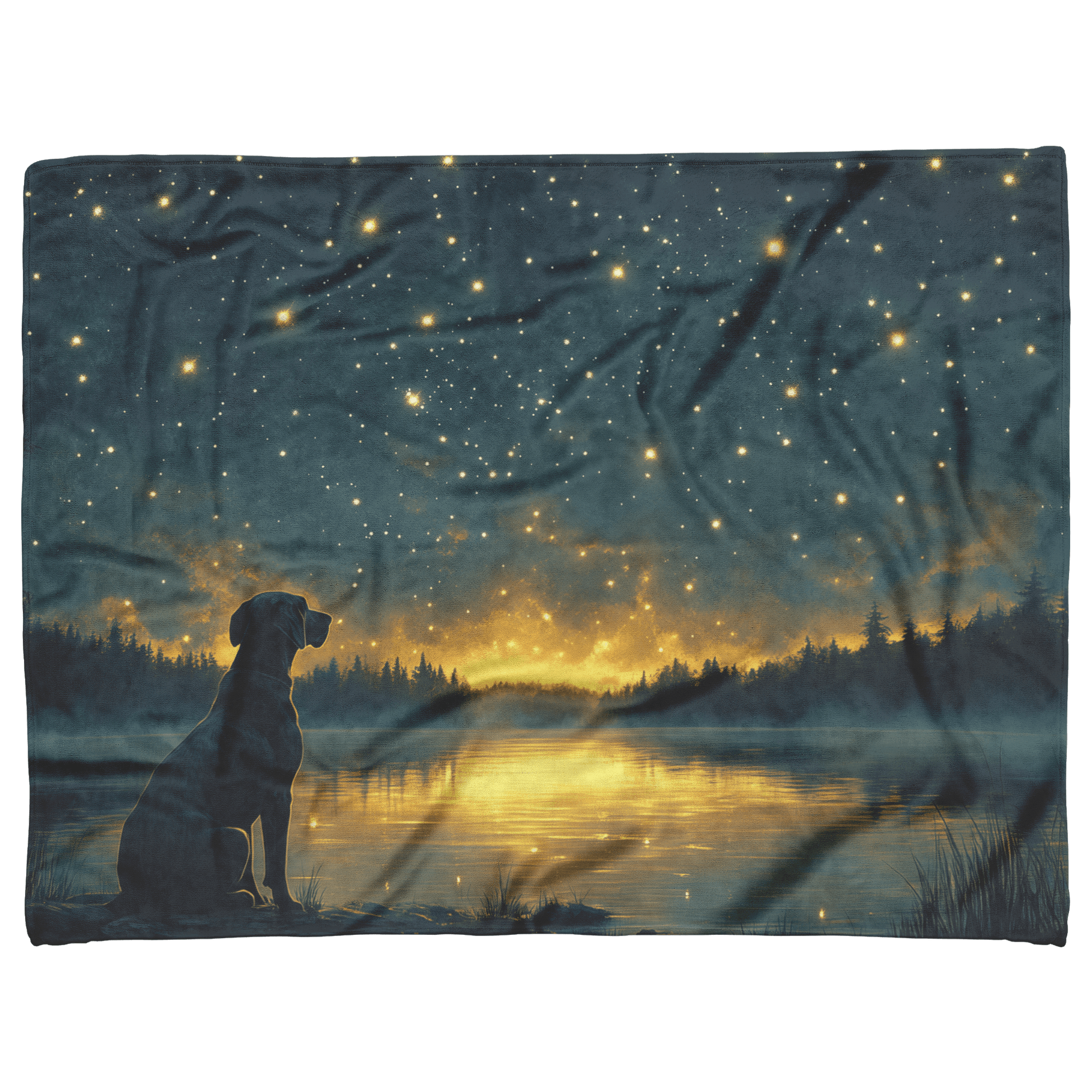 Great Dane Standing by Lake at Dusk Surrounded by Shimmering Stars and Cascading Silver Mist Fleece Sherpa Blanket - Awakening Righteousness