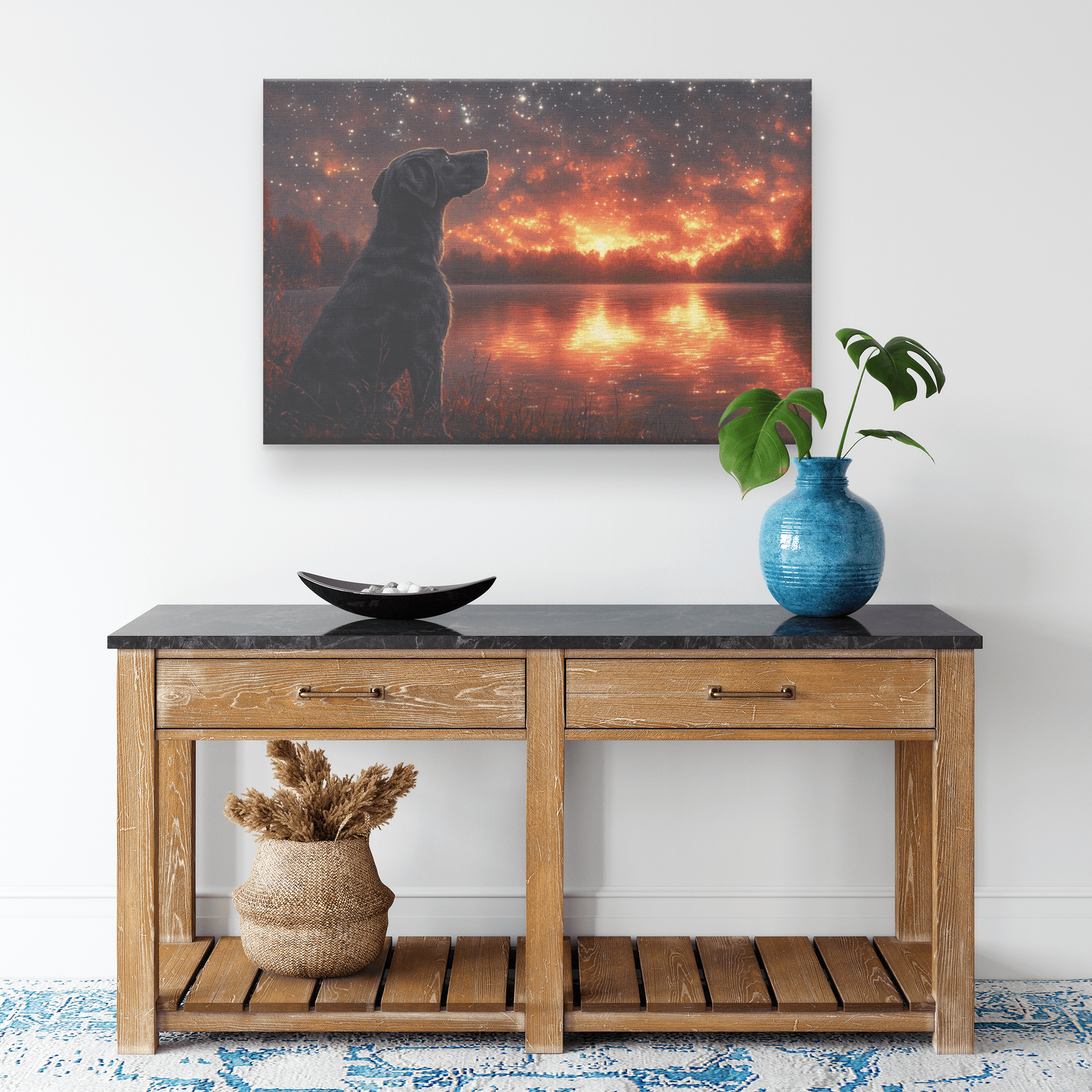 Great Dane Standing By Lake At Dusk With Shimmering Stars And Cascading Silver Mist Canvas Wall Art Decor - Awakening Righteousness