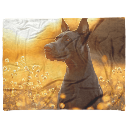 Great Dane Standing in Sunlit Meadow Surrounded by Shimmering Textures and Glowing Golden Light Trails Fleece Sherpa Blanket - Awakening Righteousness