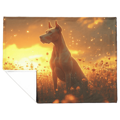 Great Dane Standing in Sunlit Meadow Surrounded by Shimmering Textures and Glowing Golden Light Trails Fleece Sherpa Blanket - Awakening Righteousness