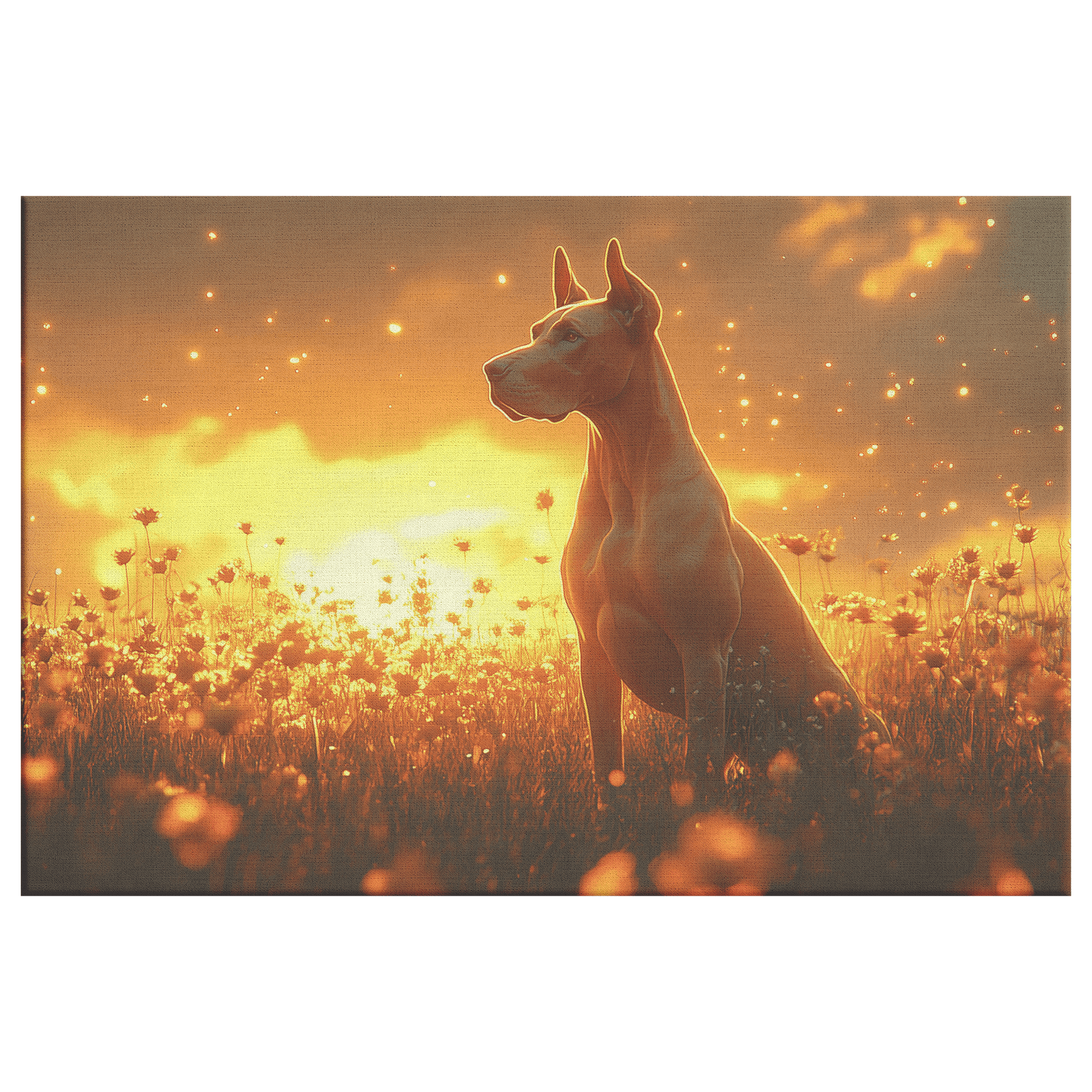 Great Dane Standing In Sunlit Meadow With Shimmering Textures And Glowing Golden Light Trails Canvas Wall Art Decor - Awakening Righteousness