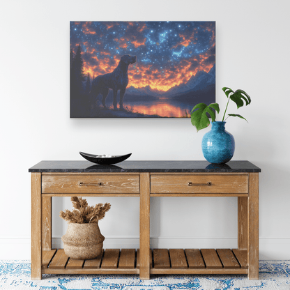 Great Dane Standing On Mountain Trail With Shimmering Stars And Glowing Cosmic Reflections Canvas Wall Art Decor - Awakening Righteousness