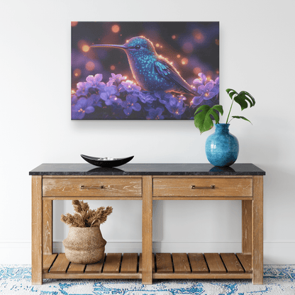 Green And Blue Hummingbird With Glowing Purple Flowers In Bioluminescent Garden Under Twilight Sky Canvas Wall Art Decor - Awakening Righteousness