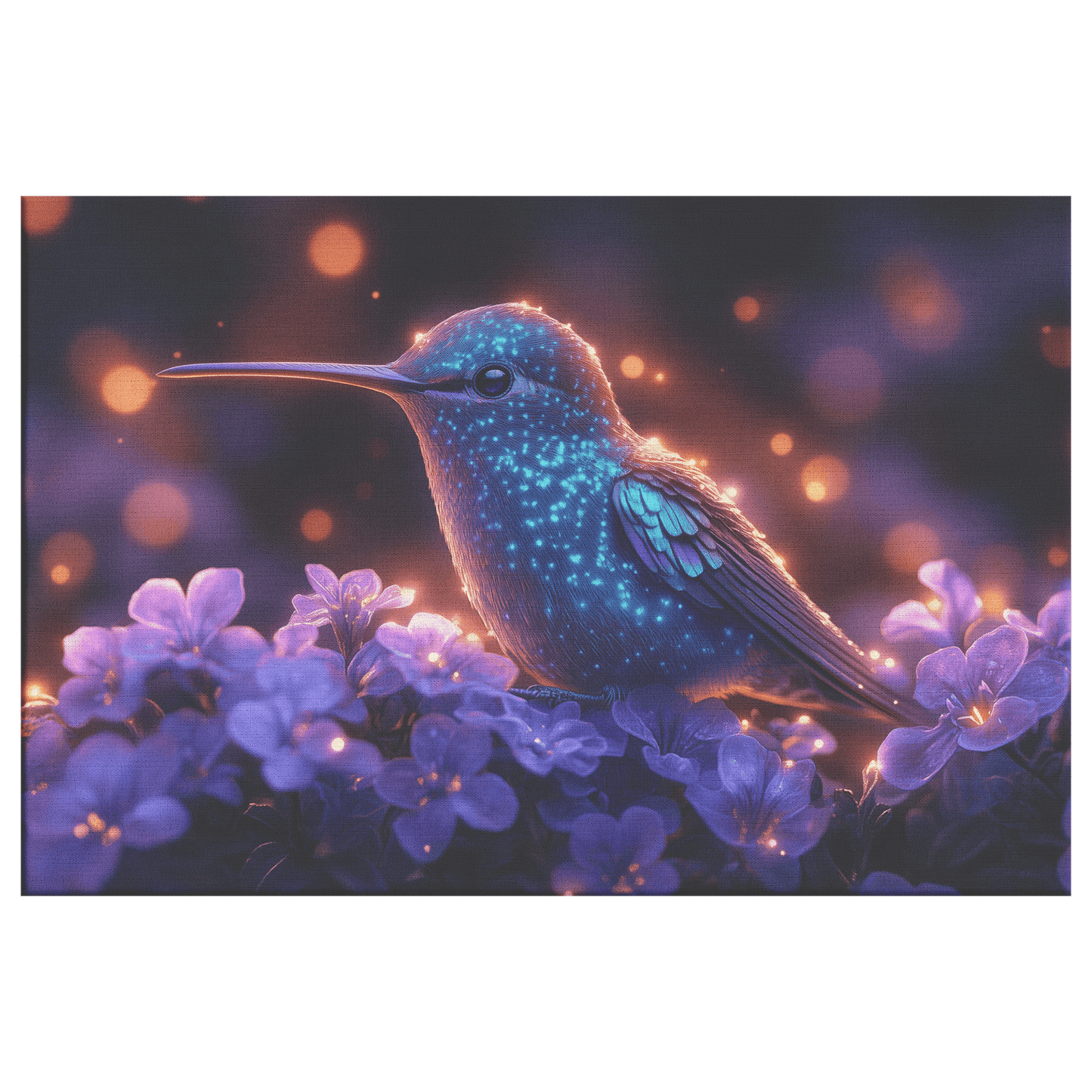 Green And Blue Hummingbird With Glowing Purple Flowers In Bioluminescent Garden Under Twilight Sky Canvas Wall Art Decor - Awakening Righteousness