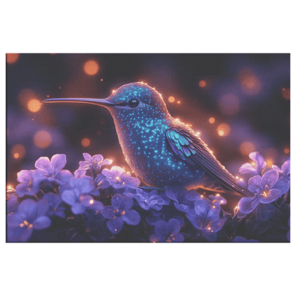 Green And Blue Hummingbird With Glowing Purple Flowers In Bioluminescent Garden Under Twilight Sky Canvas Wall Art Decor - Awakening Righteousness