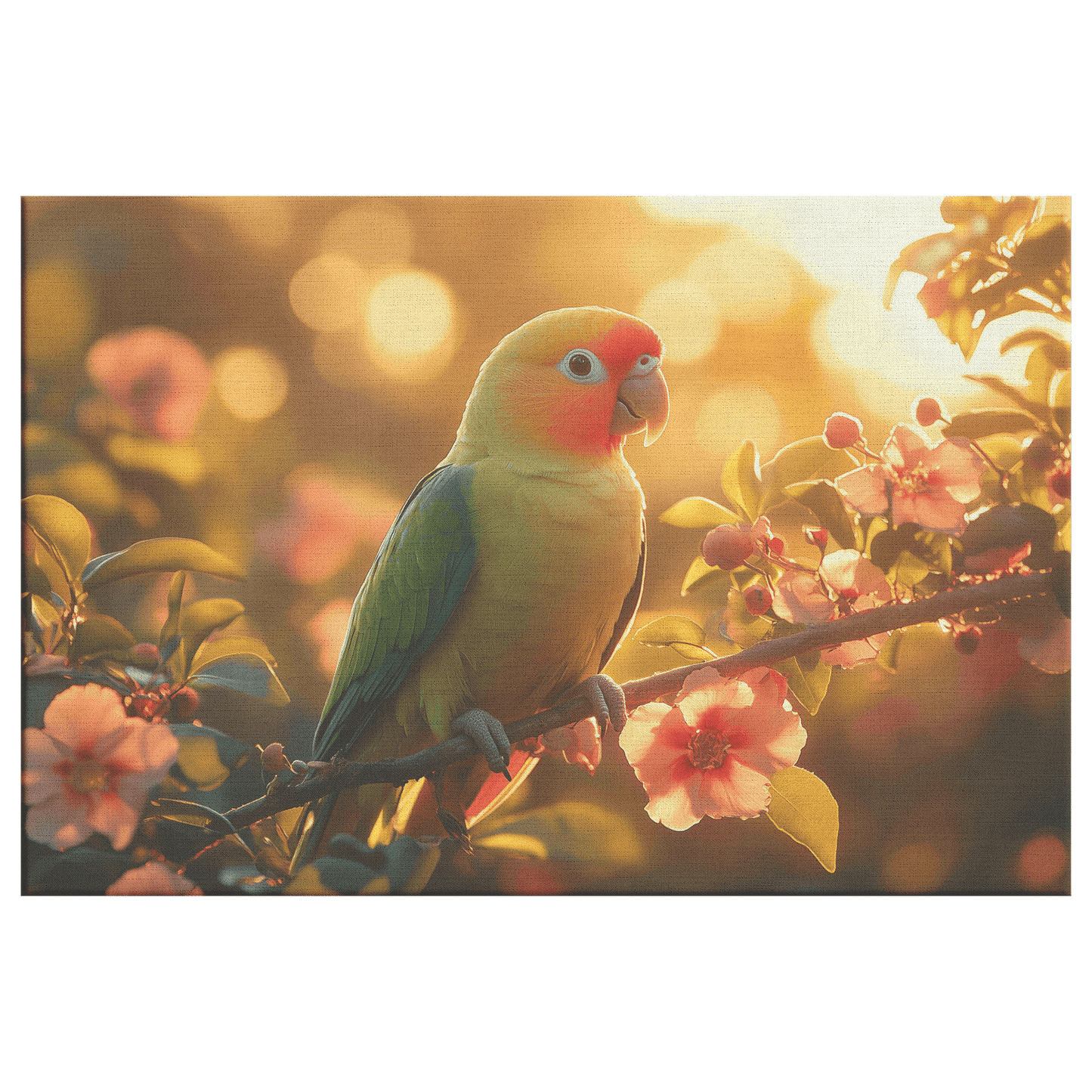 Green Parrot On Glowing Branch Surrounded By Rainforest Flowers And Golden Sunlight Canvas Wall Art Decor - Awakening Righteousness