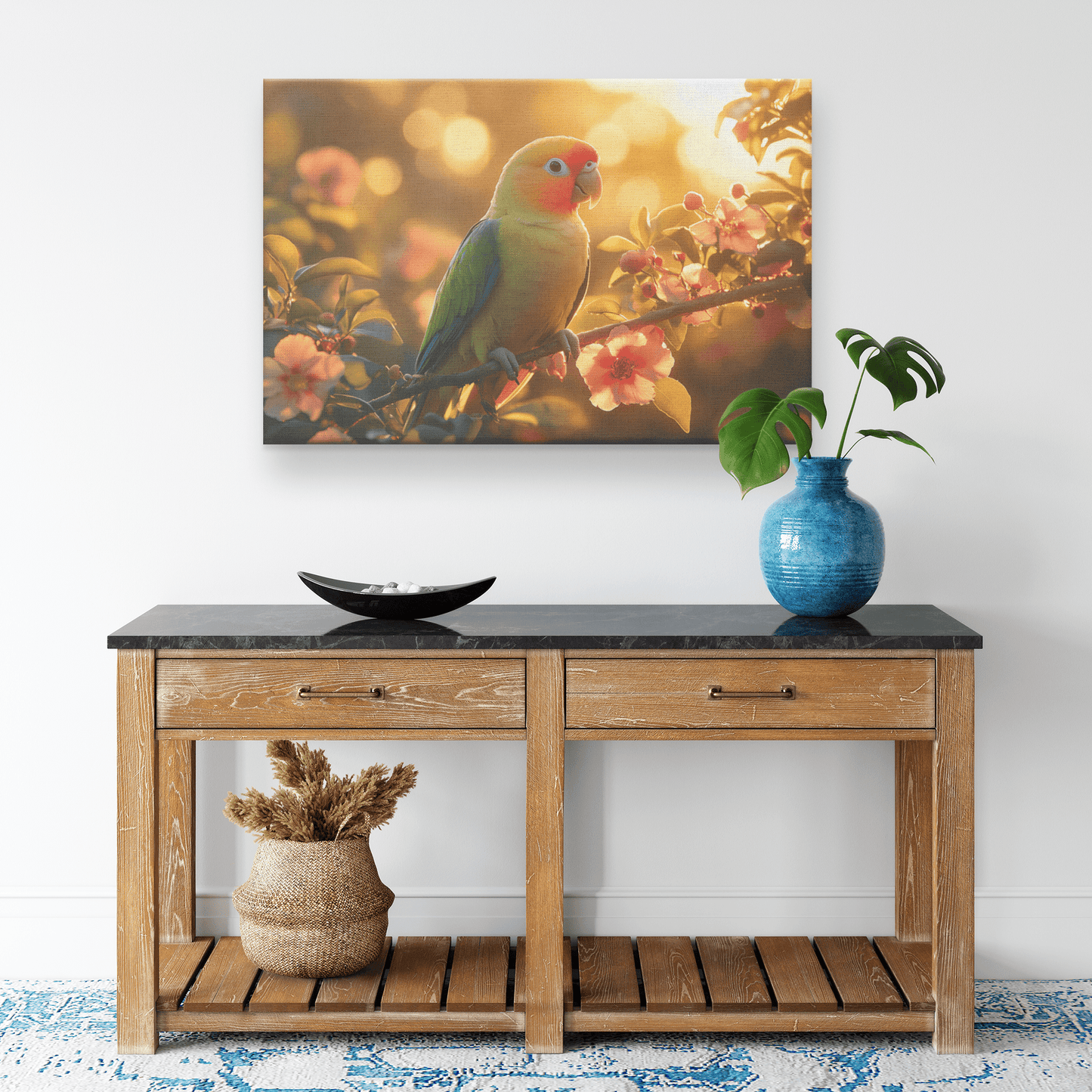 Green Parrot On Glowing Branch Surrounded By Rainforest Flowers And Golden Sunlight Canvas Wall Art Decor - Awakening Righteousness