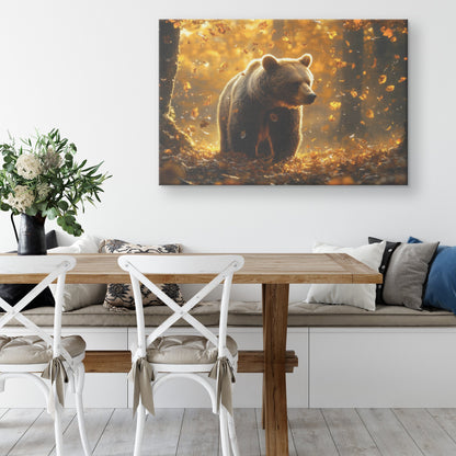 Grizzly Bear Standing Tall in Golden Autumn Forest Canvas Wall Art Decor with Glowing Leaves and Soft Sunlight - Awakening Righteousness