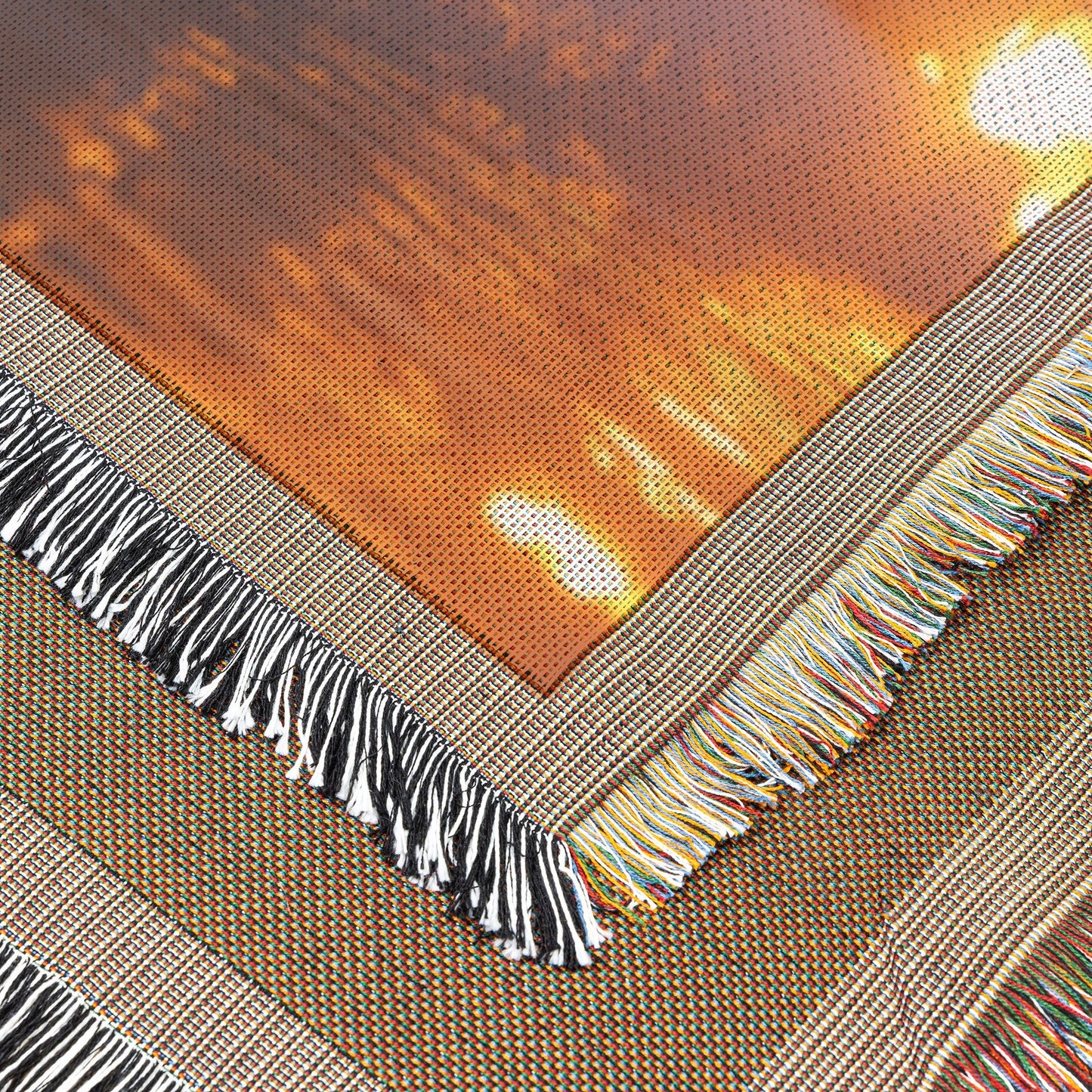 Group of Emperor Penguins on Glowing Ice Sheet Under Vibrant Golden Sunrise with Soft Light Reflecting on Snow Woven Throw Blanket - Awakening Righteousness