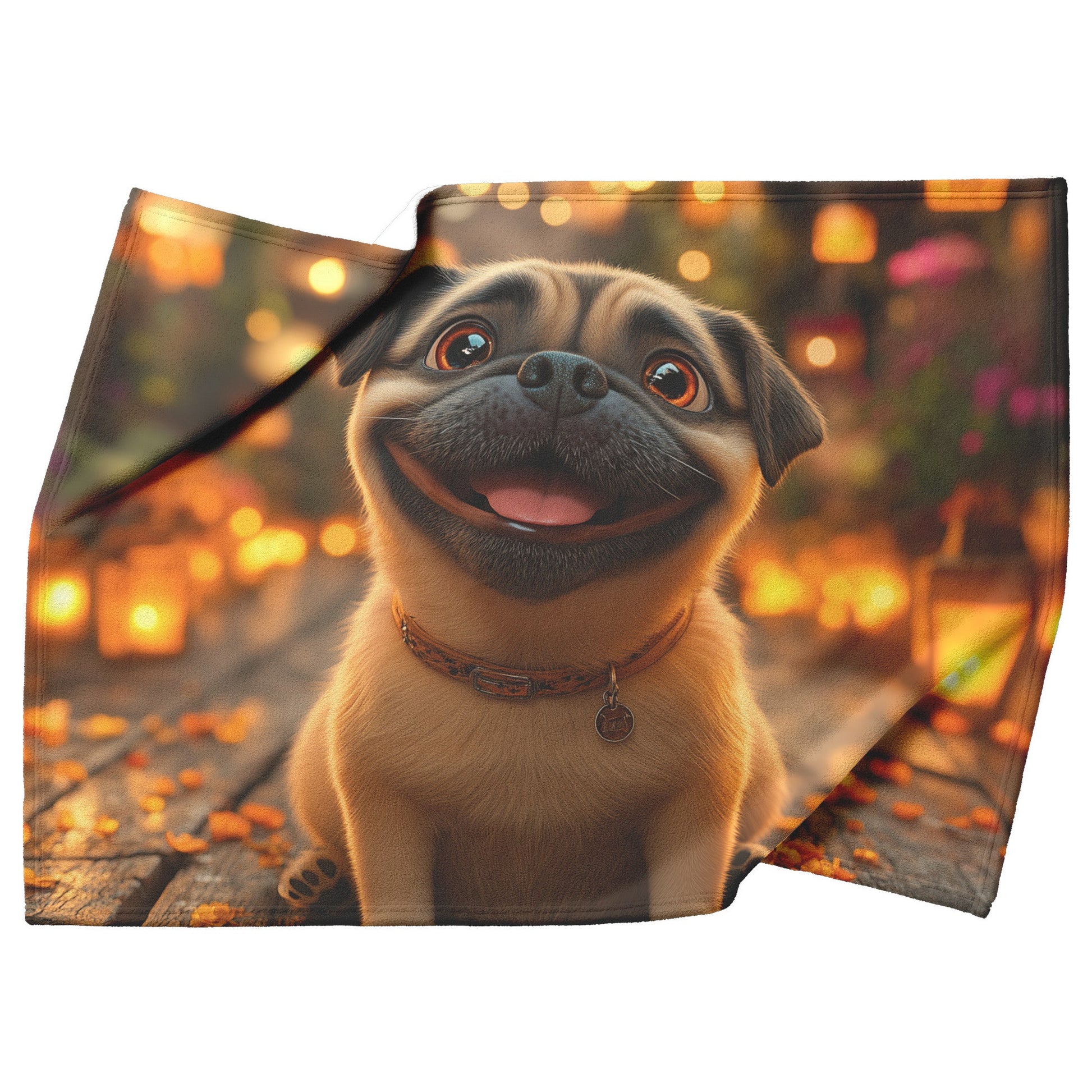 Happy Pug Sitting on Glowing Porch with Lanterns and Soft Warm Light Illuminating Its Face Fleece Sherpa Blanket - Awakening Righteousness