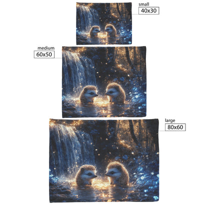 Hedgehogs Playing by Glowing Waterfall with Shimmering Blue Plants and Ethereal Mist Fleece Sherpa Blanket - Awakening Righteousness