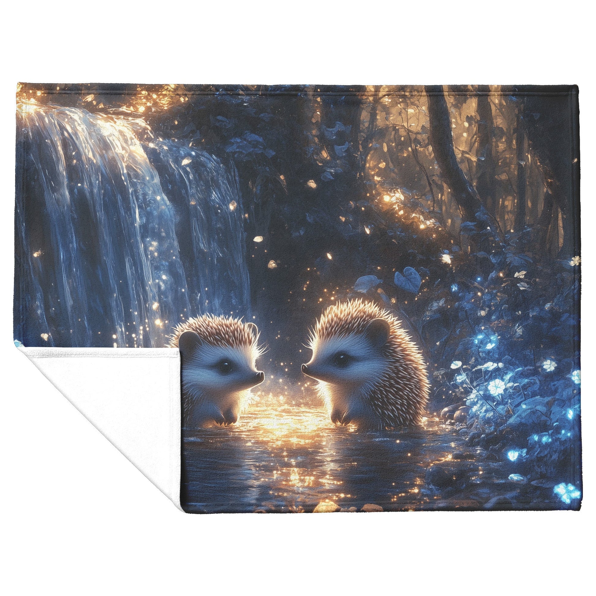 Hedgehogs Playing by Glowing Waterfall with Shimmering Blue Plants and Ethereal Mist Fleece Sherpa Blanket - Awakening Righteousness