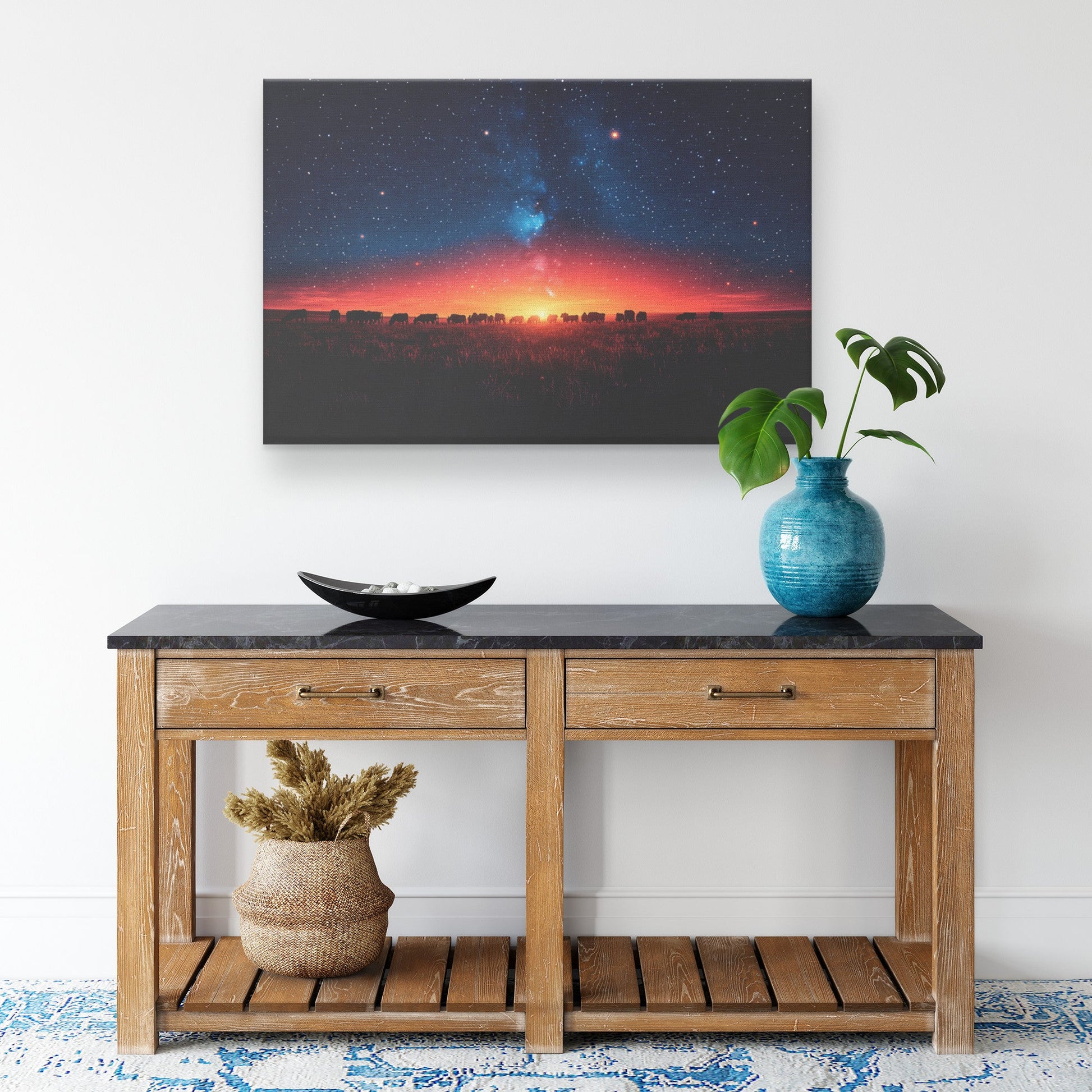 Herd of Cows Grazing Peacefully Under Twilight Sky with Glowing Stars and Soft Light Silhouettes Canvas Wall Art Decor - Awakening Righteousness
