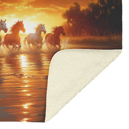 Herd of Wild Horses Running Through Shallow Water at Sunrise with Shimmering Reflections Blanket - Awakening Righteousness