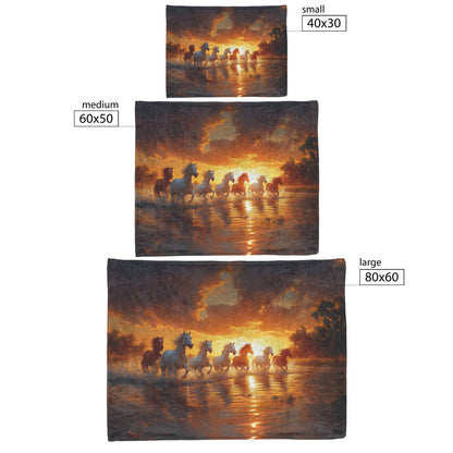 Herd of Wild Horses Running Through Shallow Water at Sunrise with Shimmering Reflections Blanket - Awakening Righteousness