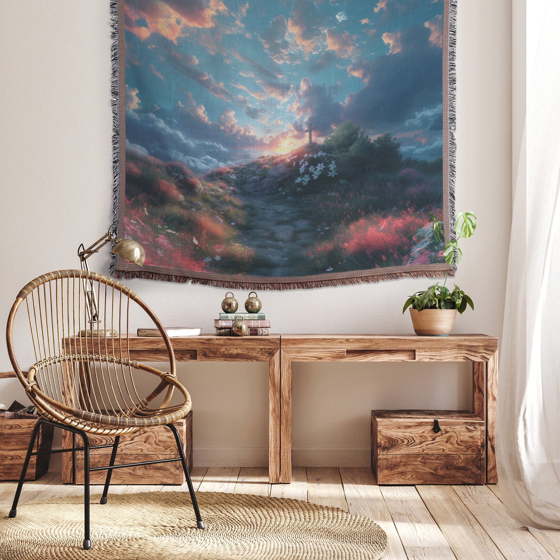 Hill of Faith Woven Throw Blanket Cross with Sunset and Wildflowers Christian Inspirational Home Decor or Gift - Awakening Righteousness