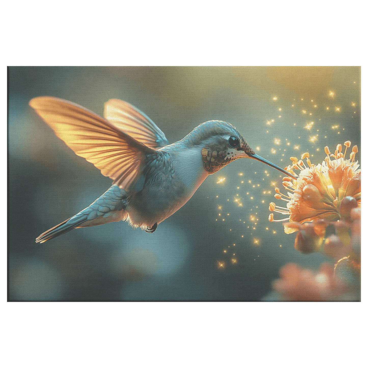 Hummingbird Hovering Near Glowing Flower In Magical Garden With Shimmering Wings Under Twilight Sky Canvas Wall Art Decor - Awakening Righteousness