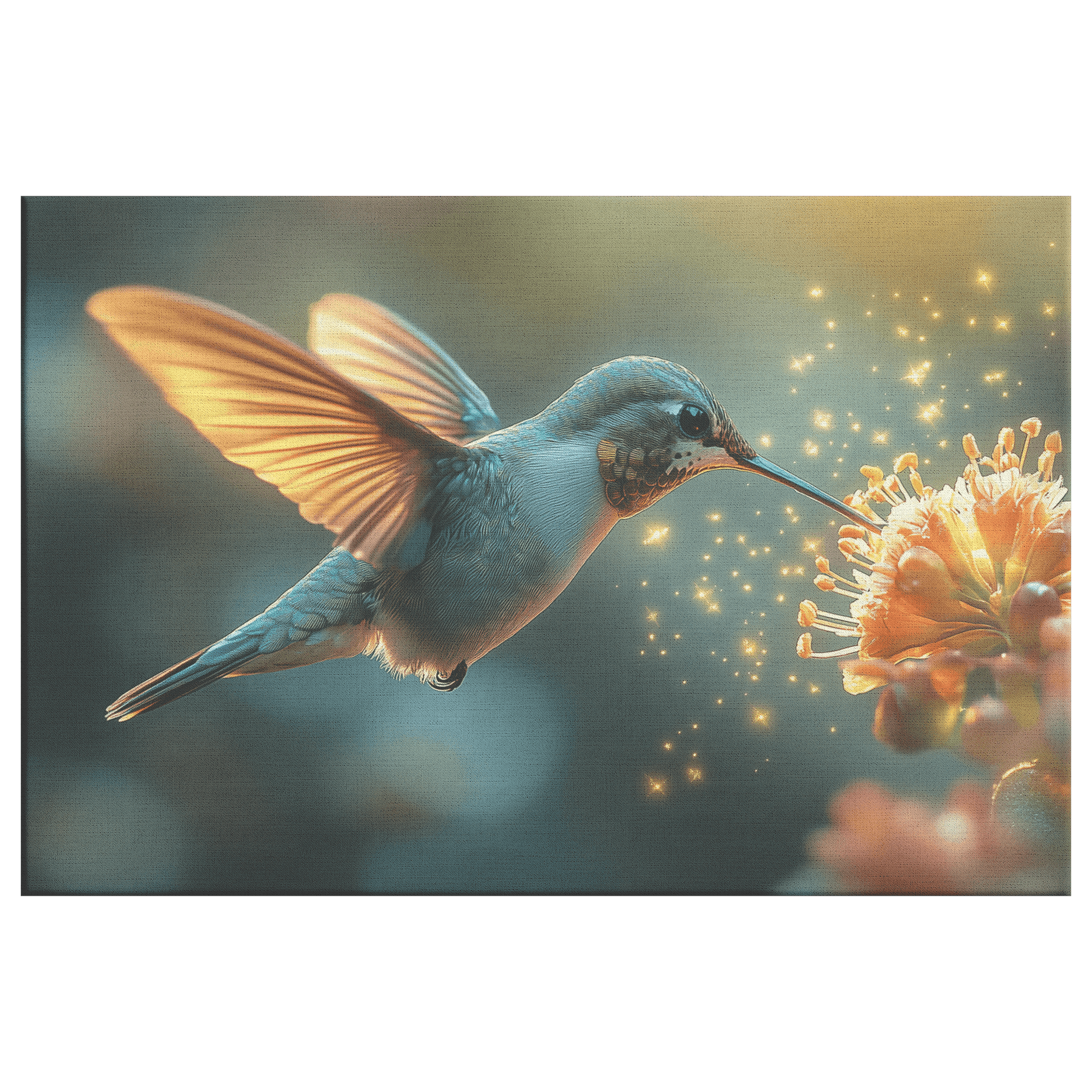 Hummingbird Hovering Near Glowing Flower In Magical Garden With Shimmering Wings Under Twilight Sky Canvas Wall Art Decor - Awakening Righteousness