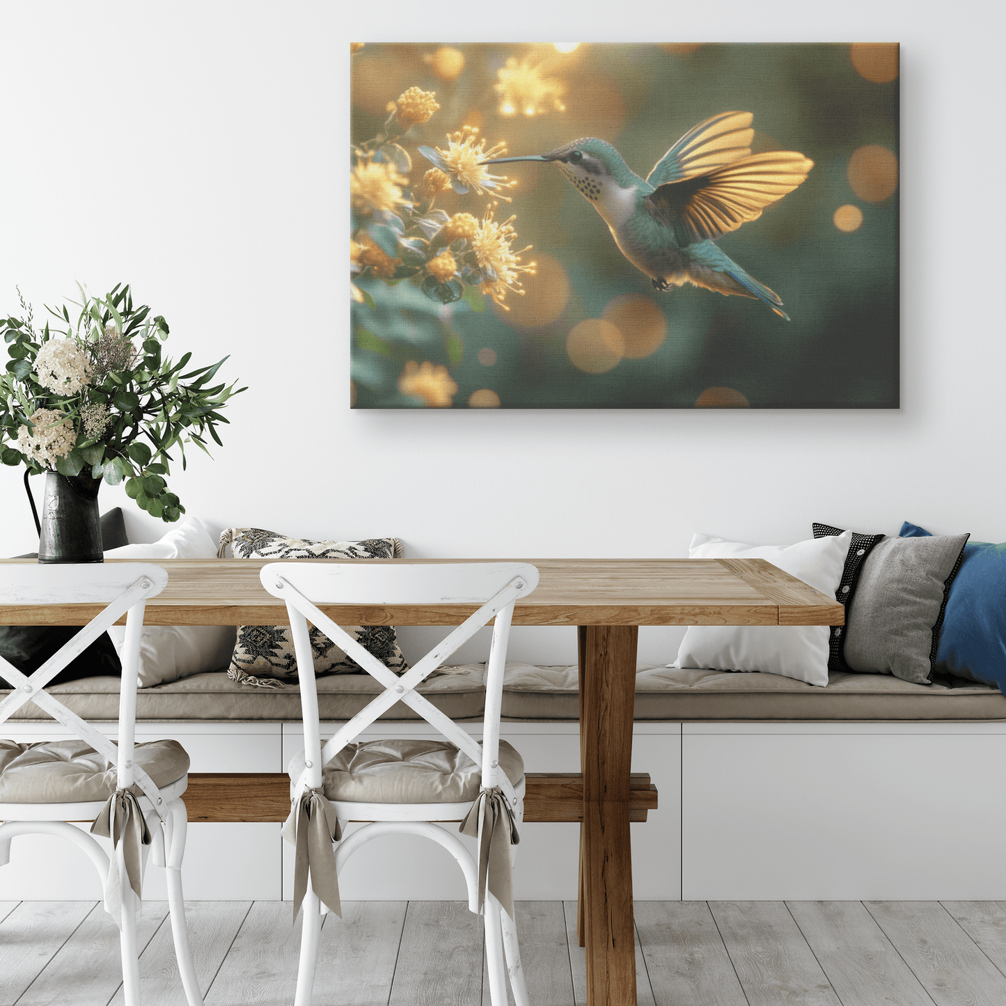 Hummingbird Hovering Near Glowing Flower In Magical Garden With Shimmering Wings Under Twilight Sky Canvas Wall Art Decor - Awakening Righteousness