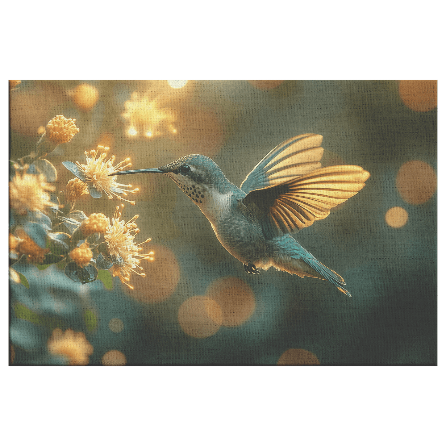 Hummingbird Hovering Near Glowing Flower In Magical Garden With Shimmering Wings Under Twilight Sky Canvas Wall Art Decor - Awakening Righteousness