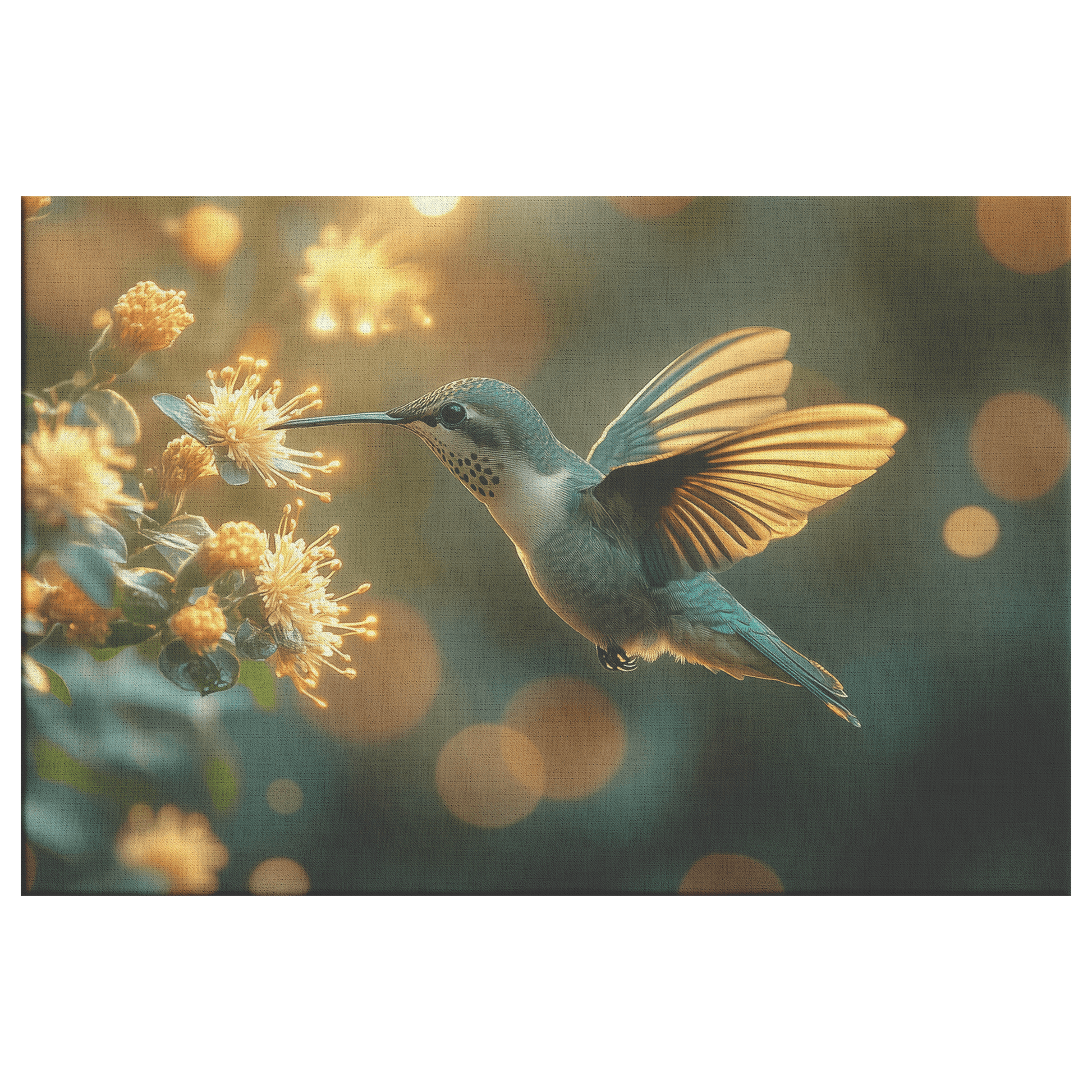 Hummingbird Hovering Near Glowing Flower In Magical Garden With Shimmering Wings Under Twilight Sky Canvas Wall Art Decor - Awakening Righteousness