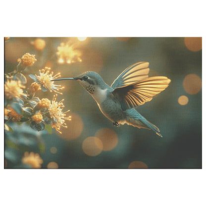 Hummingbird Hovering Near Glowing Flower In Magical Garden With Shimmering Wings Under Twilight Sky Canvas Wall Art Decor - Awakening Righteousness
