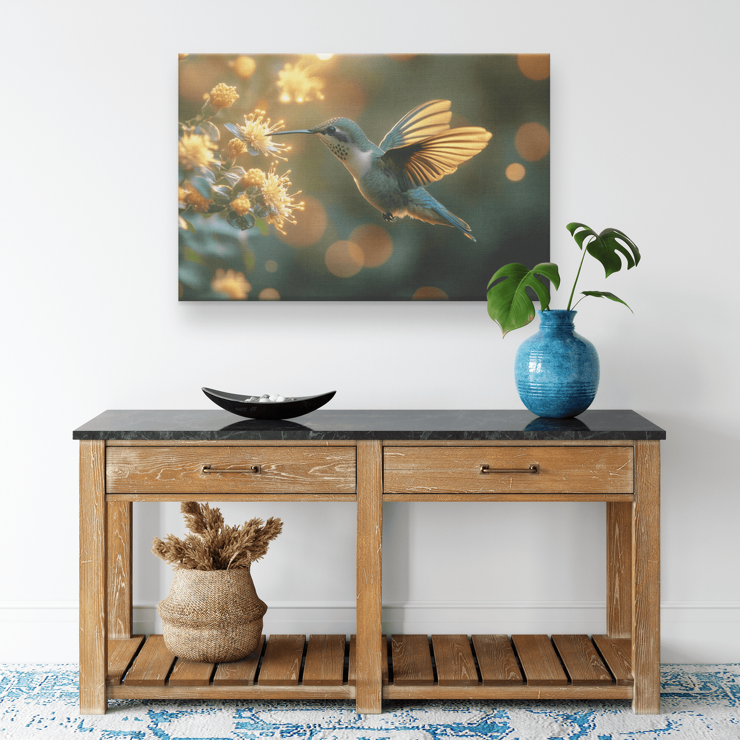 Hummingbird Hovering Near Glowing Flower In Magical Garden With Shimmering Wings Under Twilight Sky Canvas Wall Art Decor - Awakening Righteousness
