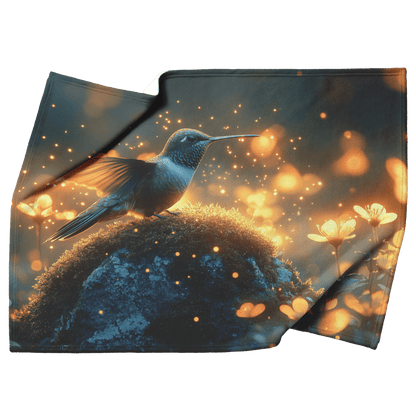Hummingbird Resting Peacefully on Mossy Glowing Rock Surrounded by Fireflies and Soft Mist in Glowing Meadow Fleece Sherpa Blanket - Awakening Righteousness