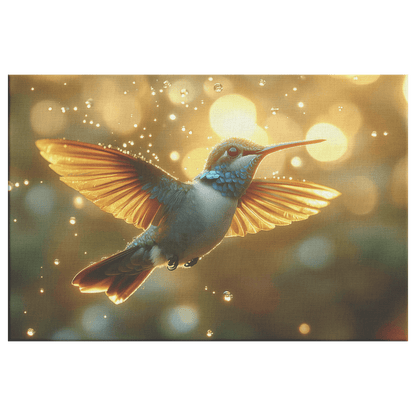 Hummingbird With Iridescent Feathers Flying In Glowing Rainstorm Illuminated By Sunlit Raindrops Canvas Wall Art Decor - Awakening Righteousness