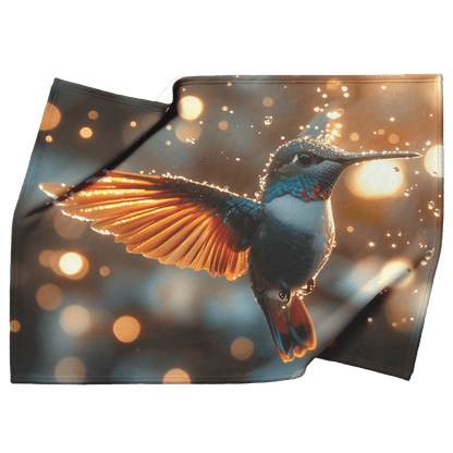Hummingbird With Iridescent Feathers Flying Through Glowing Rainstorm Illuminated by Sunlight Reflecting on Raindrops Fleece Sherpa Blanket - Awakening Righteousness