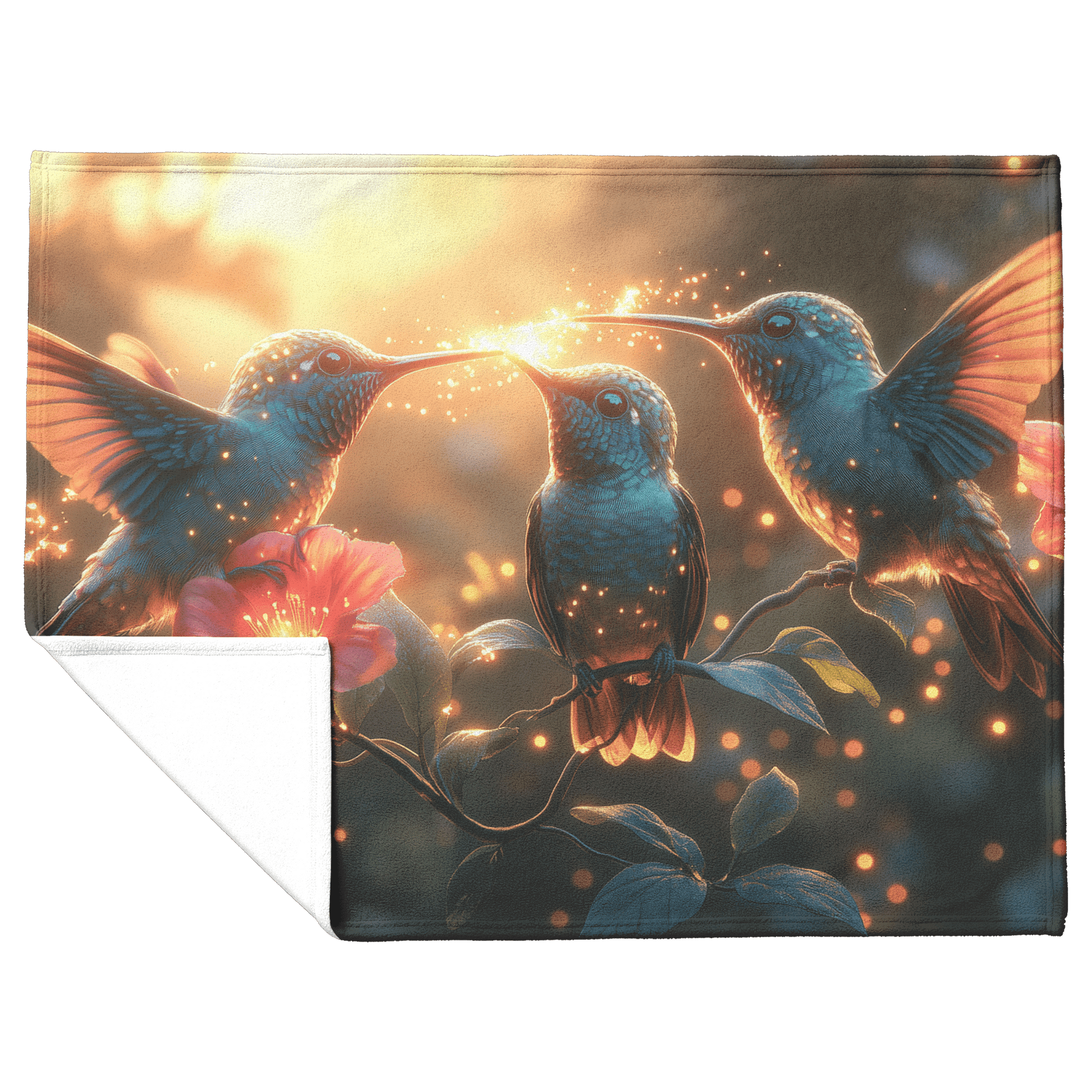 Hummingbirds Drinking Nectar From Bioluminescent Flowers Surrounded by Fireflies in Glowing Forest Fleece Sherpa Blanket - Awakening Righteousness