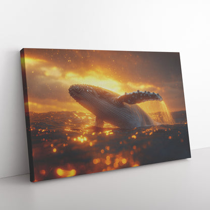 Humpback Whale Breaching Ocean Surface Under Golden Sunset with Glowing Water Droplets Canvas Wall Art Decor - Awakening Righteousness