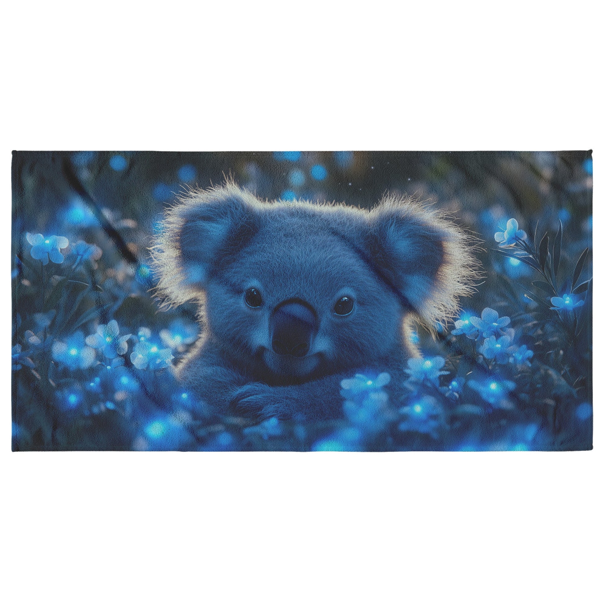 Koala Beach Towel Surrounded by Bioluminescent Plants Glowing Blue and Green in Magical Night Forest - Awakening Righteousness
