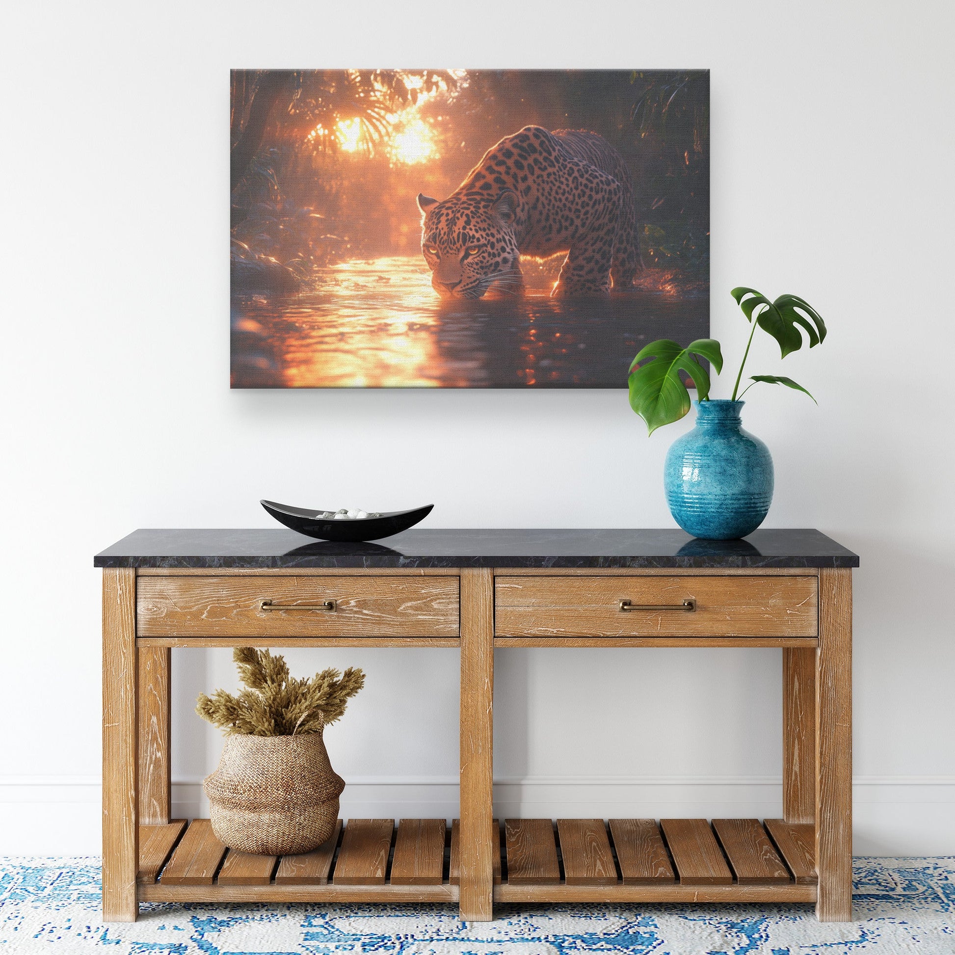 Leopard Canvas Wall Art Decor Drinking Water from Glowing River Surrounded by Lush Jungle Trees Under Twilight Sky - Awakening Righteousness