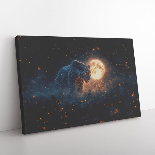 Leopard Canvas Wall Art Decor Hunting Under Glowing Moonlight in Open Savanna Surrounded by Misty Grass - Awakening Righteousness