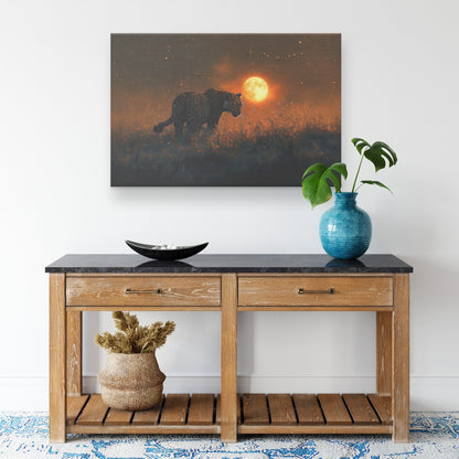Leopard Canvas Wall Art Decor Hunting Under Glowing Moonlight in Open Savanna Surrounded by Misty Grass - Awakening Righteousness