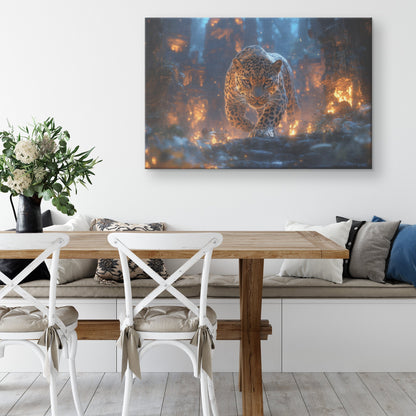 Leopard Canvas Wall Art Decor Walking Through Glowing Ancient Ruins Covered in Jungle Vines Under a Twilight Sky with Magical Atmosphere - Awakening Righteousness