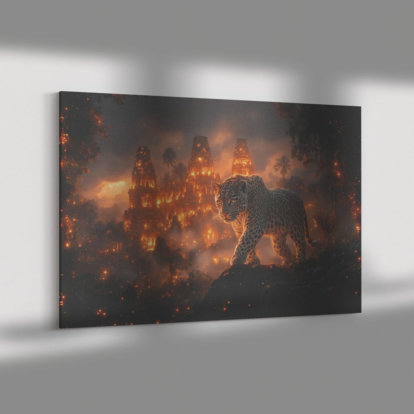 Leopard Canvas Wall Art Decor Walking Through Glowing Ancient Ruins Covered in Jungle Vines Under Twilight Sky with Magical Atmosphere - Awakening Righteousness