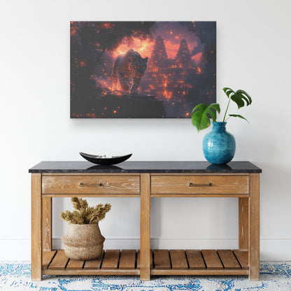 Leopard Canvas Wall Art Decor Walking Through Glowing Ancient Ruins Covered in Jungle Vines Under Twilight Sky with Magical Atmosphere - Awakening Righteousness