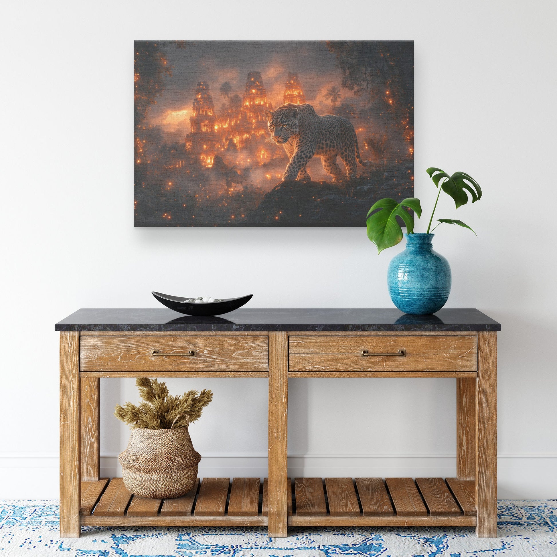 Leopard Canvas Wall Art Decor Walking Through Glowing Ancient Ruins Covered in Jungle Vines Under Twilight Sky with Magical Atmosphere - Awakening Righteousness