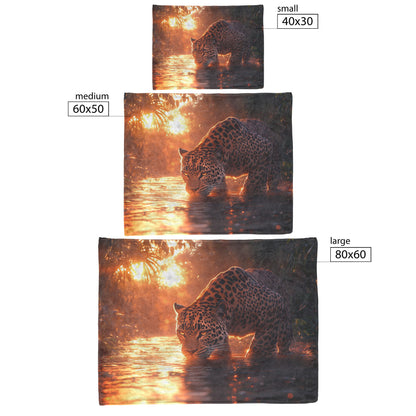 Leopard Drinking from Glowing River Surrounded by Lush Jungle Trees Under Twilight Sky Fleece Sherpa Blanket - Awakening Righteousness