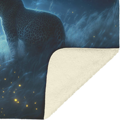 Leopard Hunting Under Glowing Moonlight in Open Misty Savanna Fleece Sherpa Blanket Soft and Luxurious - Awakening Righteousness